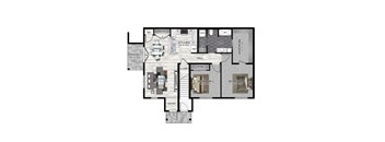 A floor plan of a house with a kitchen, living room, dining room, and two bedrooms.