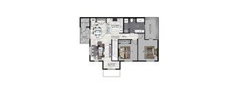 A floor plan of a house with a living room, two bedrooms, a kitchen, a bathroom, a pantry, a storage area, a deck, and an alcove.