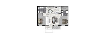 A floor plan of a house with two bedrooms, a living room, a dining room, a kitchen, a bathroom, a pantry, a closet, and an alcove.