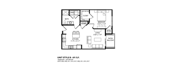 A black and white image of a floor plan for a unit style B - 691 S.F.