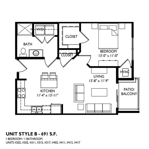 A black and white image of a floor plan for a unit style B - 691 S.F.