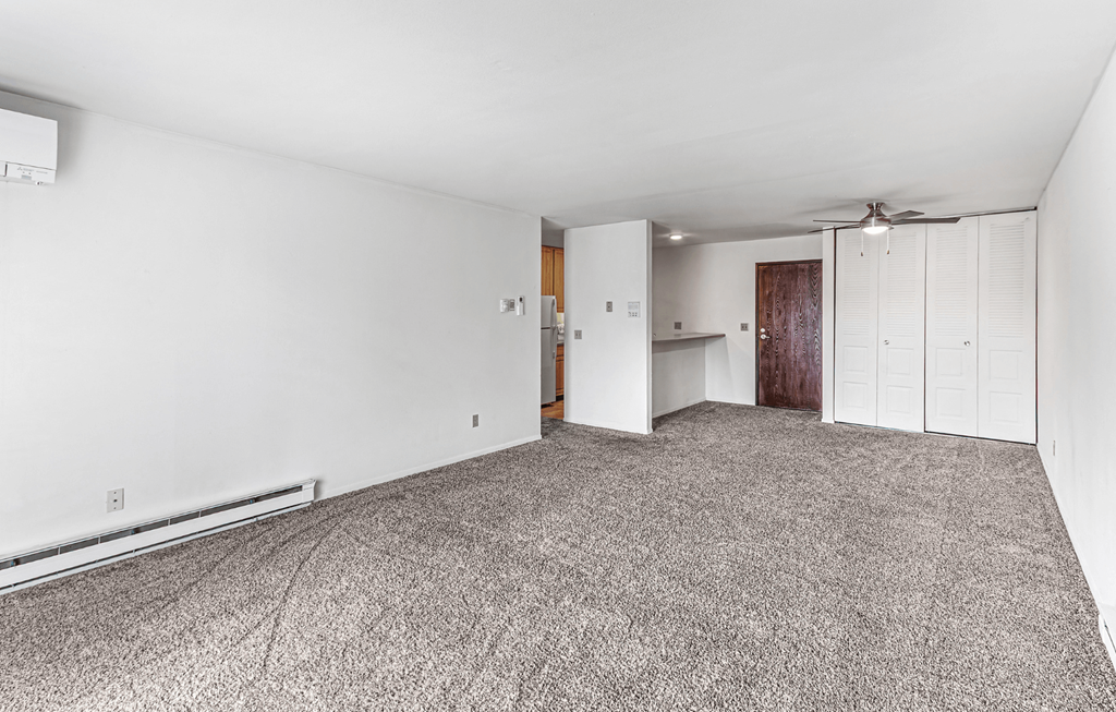 A room with a carpeted floor and a ceiling fan.