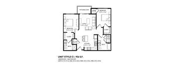 A black and white image of a floor plan for a unit style C1- 956 S.F.