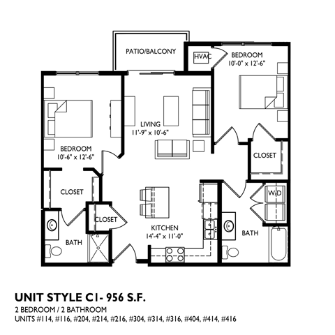 A black and white image of a floor plan for a unit style C1- 956 S.F.