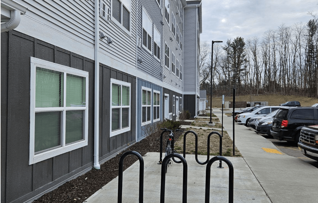 a row of rental cars parked in front of a building