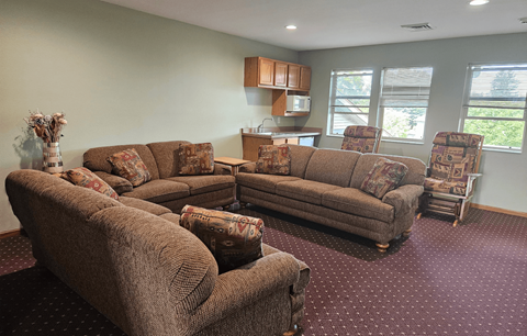 A living room with brown couches and a red carpet.