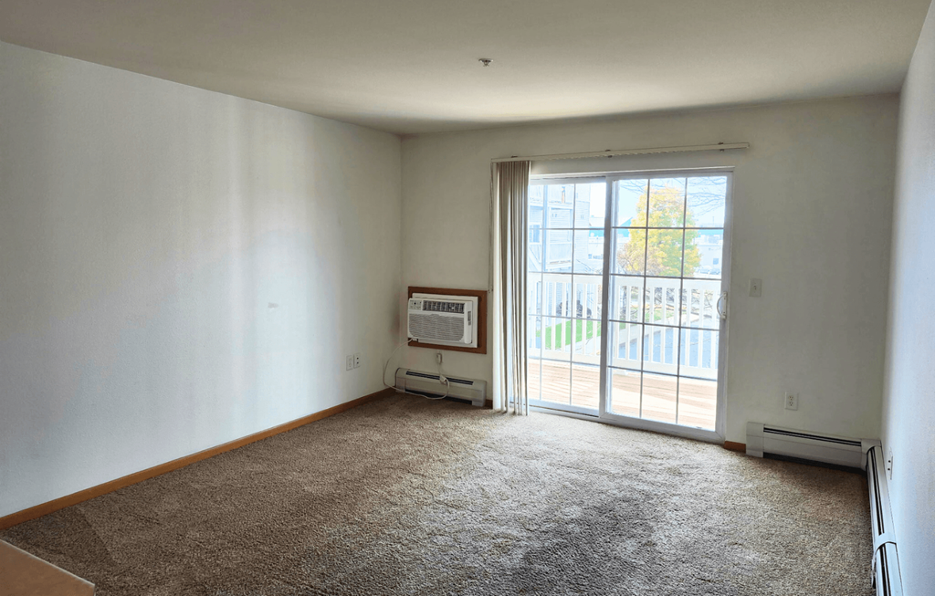 A room with a carpet floor and a window.