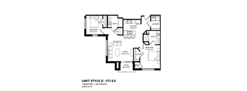 A black and white image of a floor plan for a 2 bedroom, 2 bathroom unit.