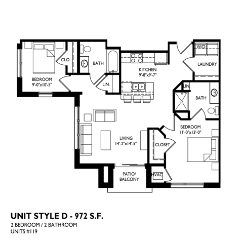 A black and white image of a floor plan for a 2 bedroom, 2 bathroom unit.