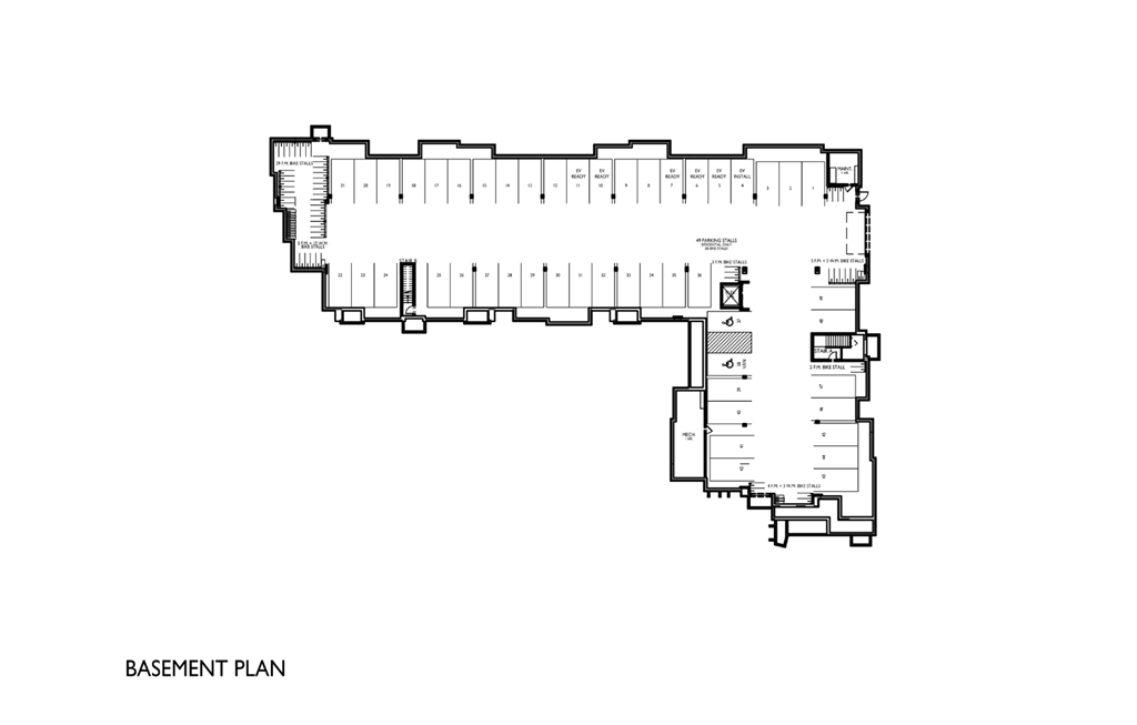 A black and white image of a basement plan.