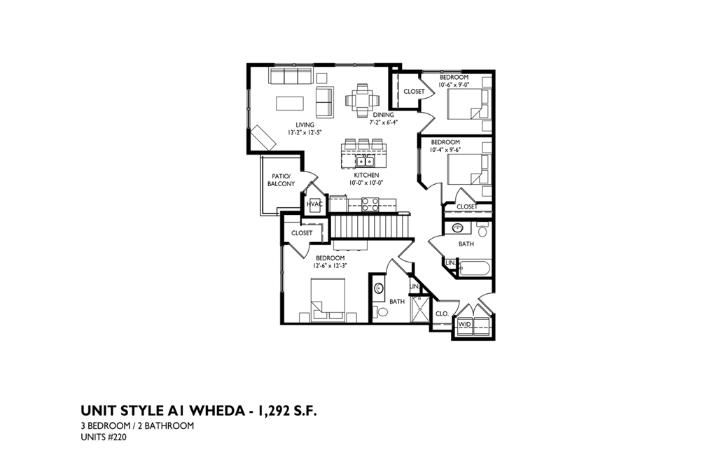 A floor plan of a 1,292 square foot apartment with three bedrooms and two bathrooms.