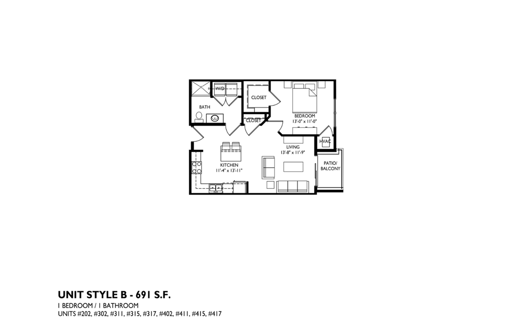 A floor plan of a unit style B - 691 S.F.