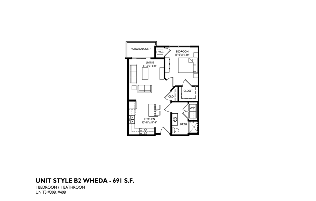 A floor plan of a unit with a bedroom, bathroom, and kitchen.