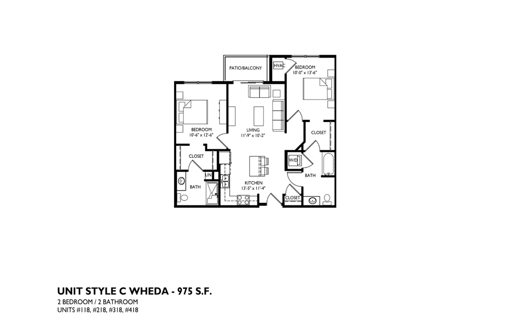 A floor plan for a 2 bedroom and 2 bathroom unit.