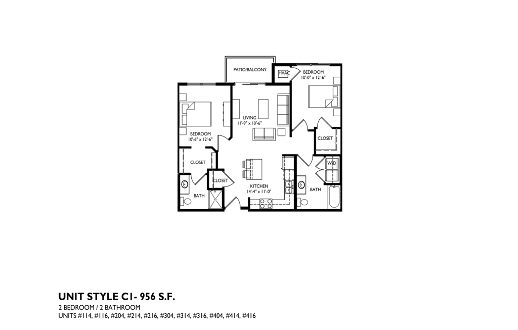 A floor plan of a 2 bedroom 2 bathroom apartment.