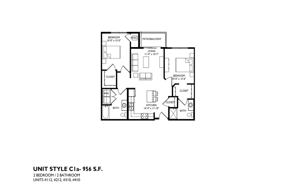 A floor plan of a 2 bedroom 2 bathroom apartment.