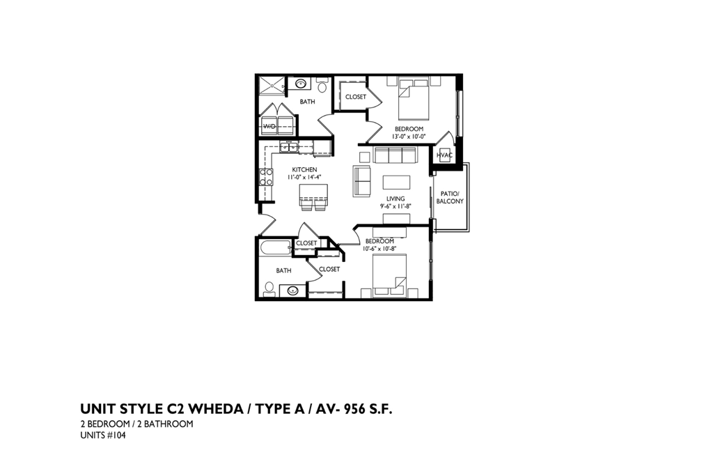 A floor plan of a 2 bedroom 2 bathroom apartment.