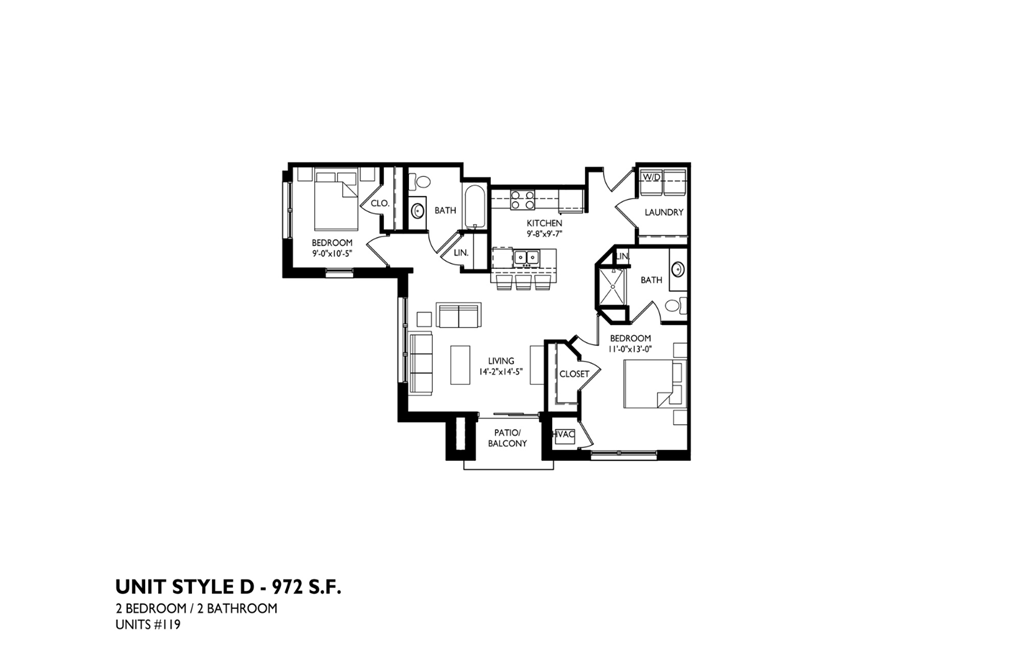 A floor plan of a 2 bedroom apartment.
