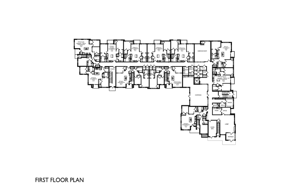 A black and white image of a floor plan labeled "First Floor Plan".