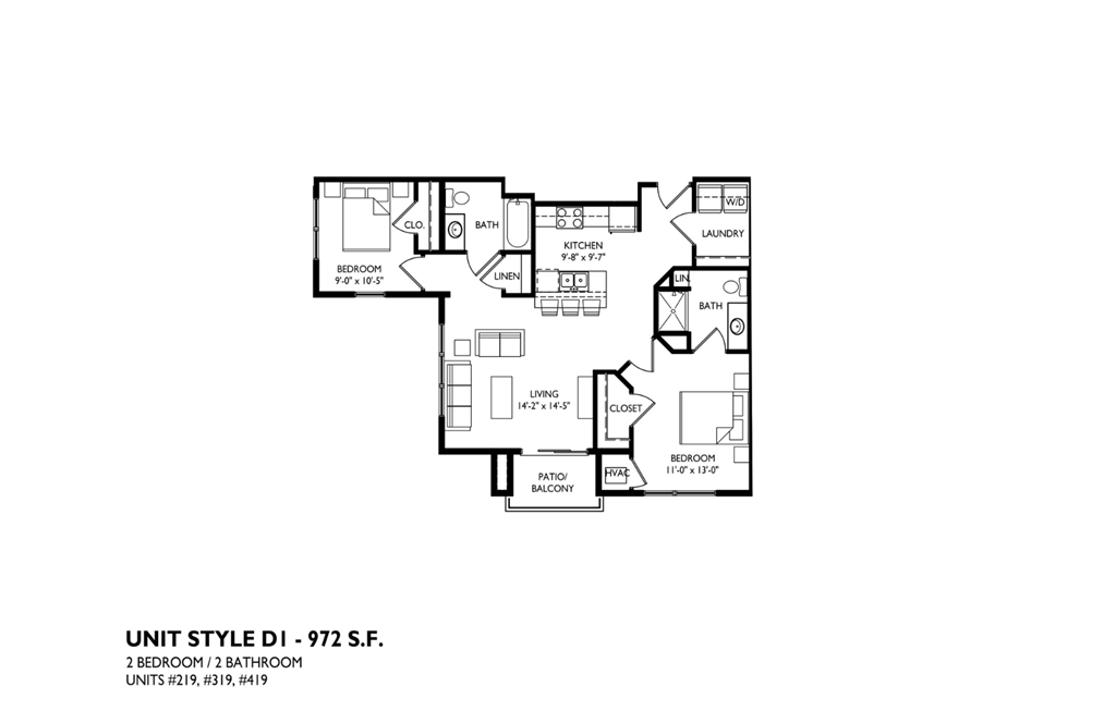 A floor plan of a 2 bedroom 2 bathroom apartment.