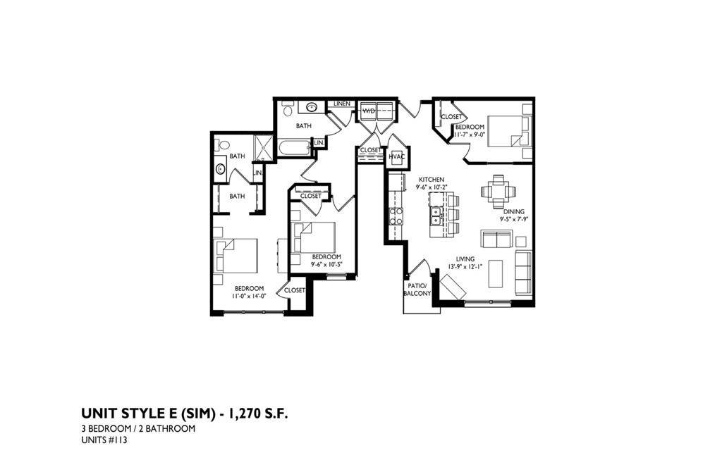 A floor plan of a 3 bedroom, 2 bathroom apartment.