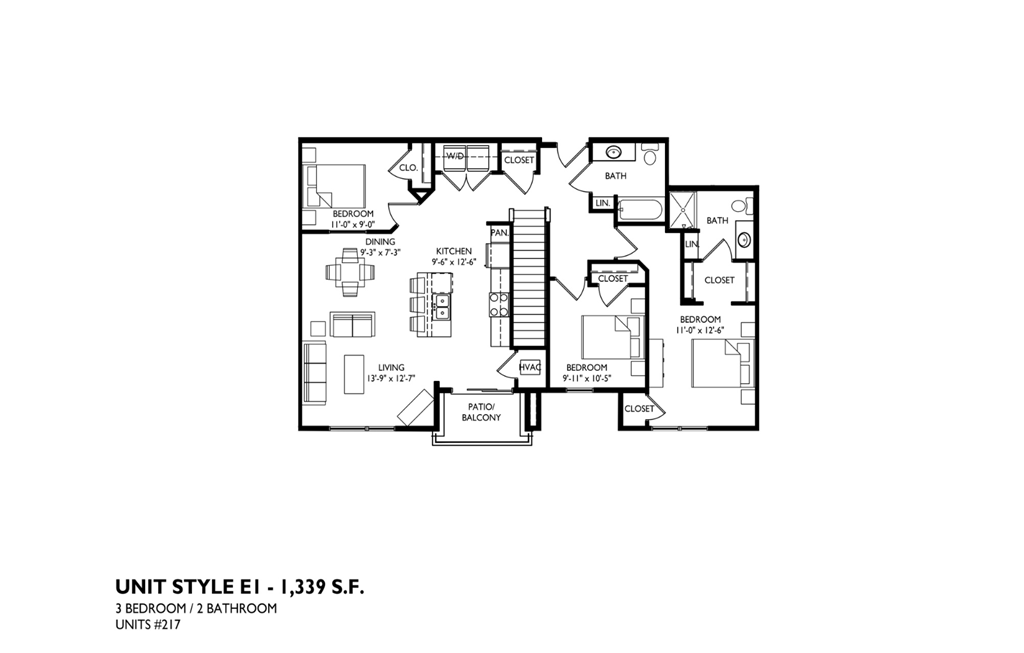A floor plan of a 3 bedroom 2 bathroom apartment.