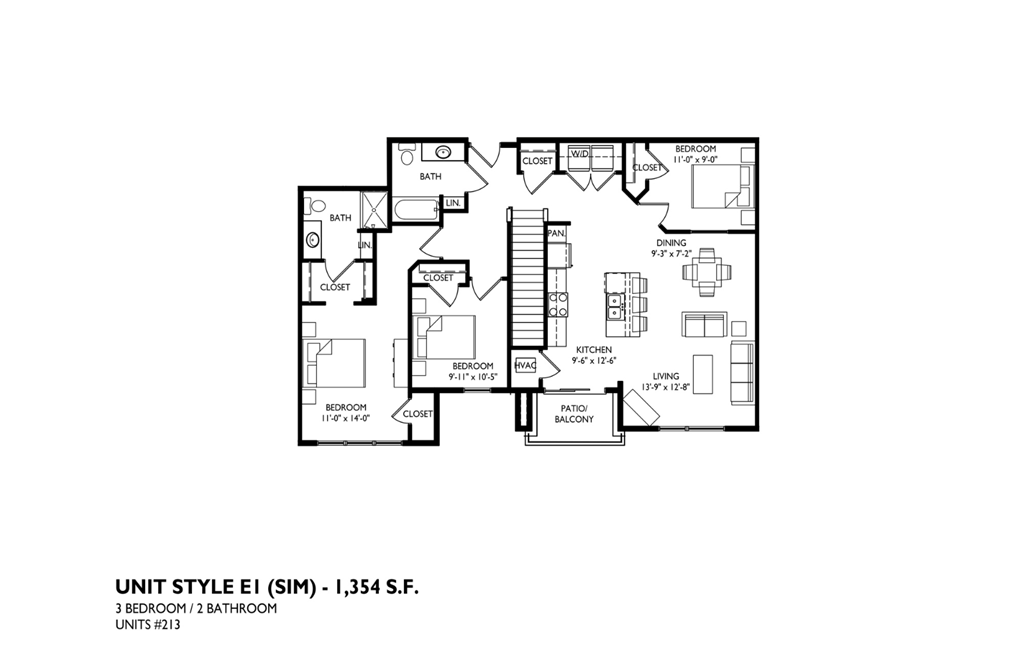 A floor plan of a 3 bedroom, 2 bathroom apartment.