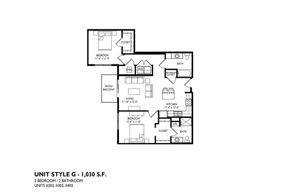 A floor plan of a unit style G - 1,030 square feet with two bedrooms and a bathroom.