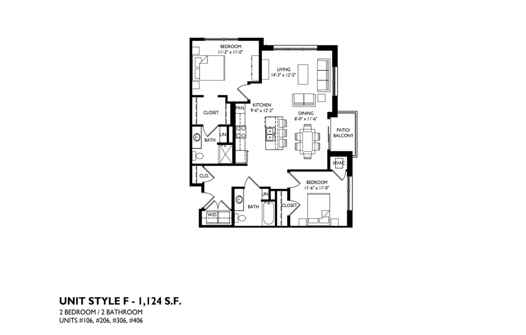 A floor plan of a 2 bedroom 3 bathroom apartment.