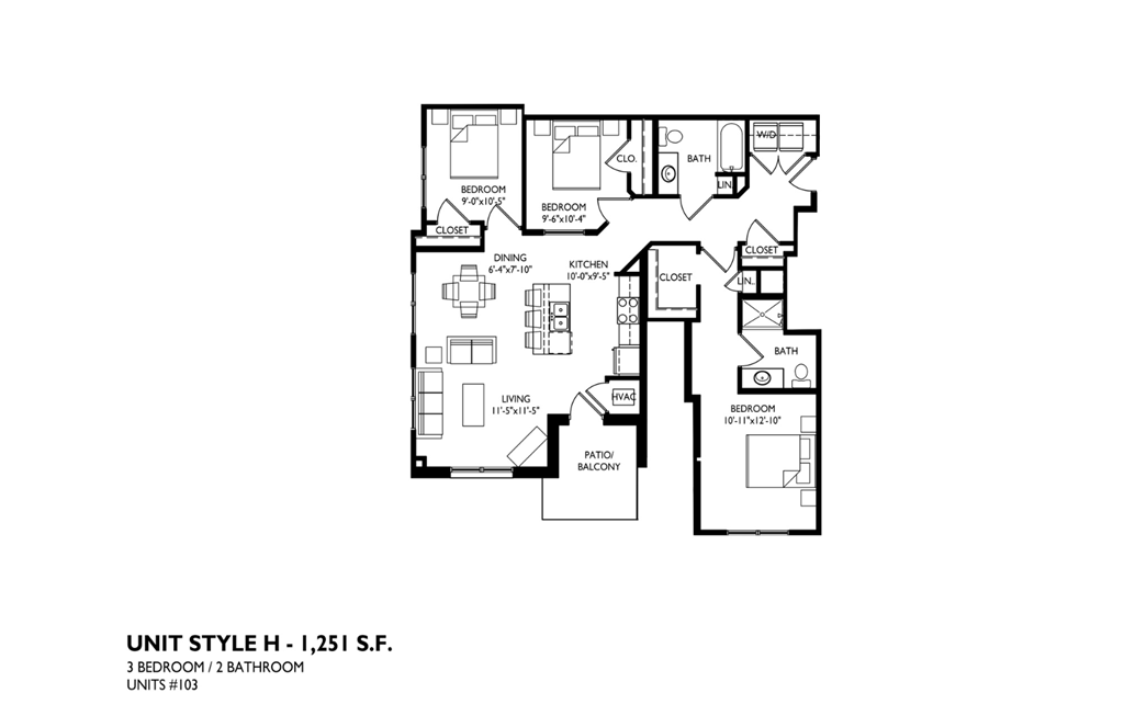 A floor plan of a 1,251 square foot home with three bedrooms and two bathrooms.