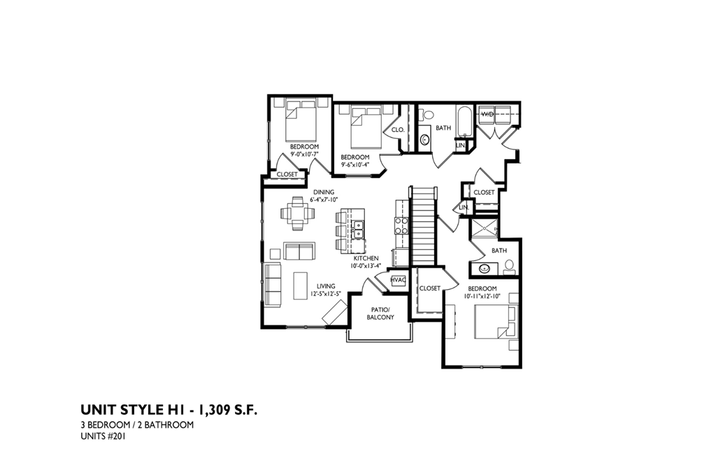 A floor plan of a unit with a living room, dining room, kitchen, and bathroom.