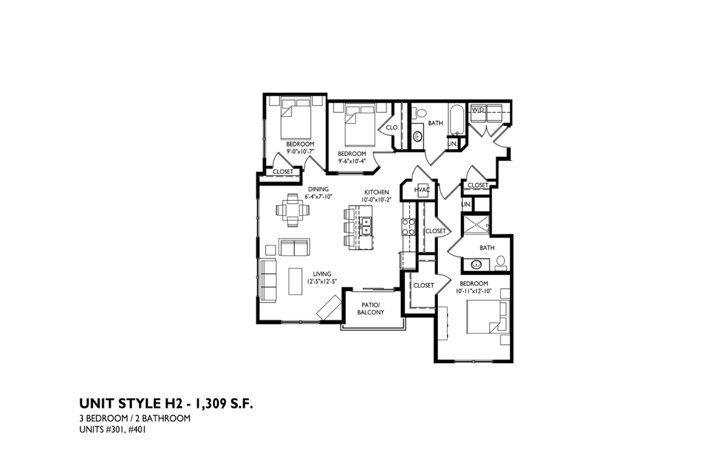A floor plan of a 3 bedroom, 1 bathroom apartment.