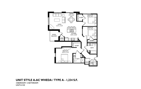 A drawing of a floor plan for a 3 bedroom 2 bathroom unit.
