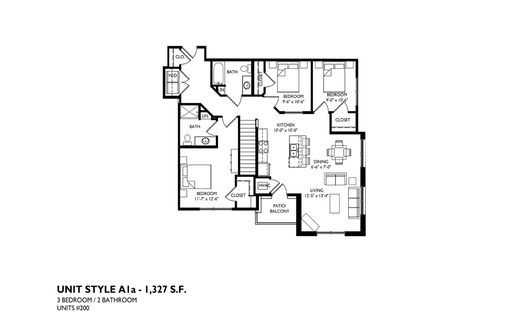 A floor plan of a 3 bedroom, 2 bathroom apartment.