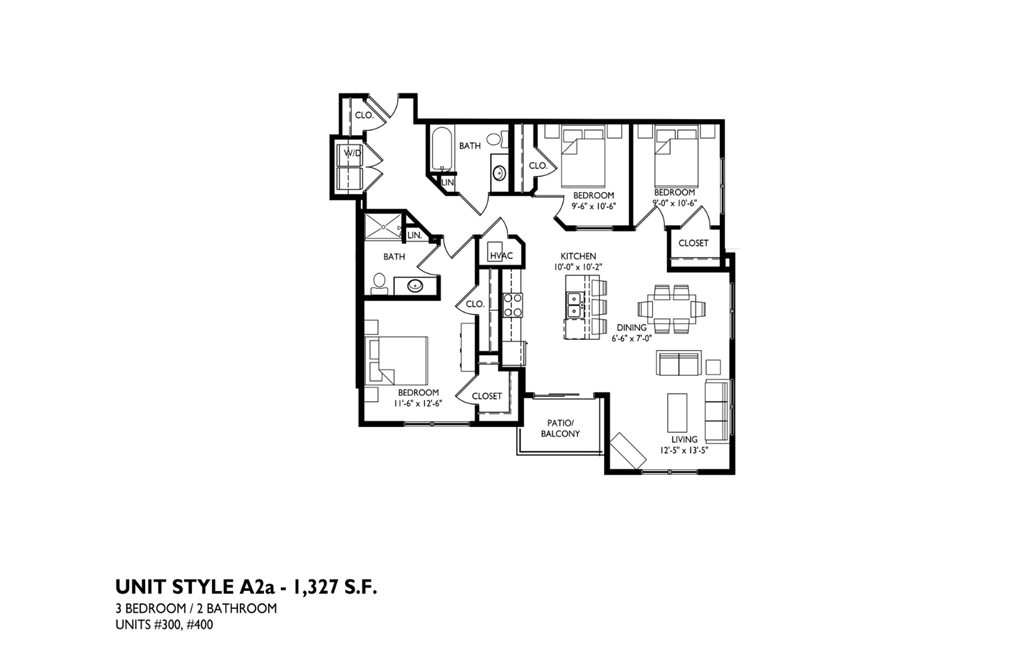 A floor plan of a 3 bedroom 2 bathroom apartment.