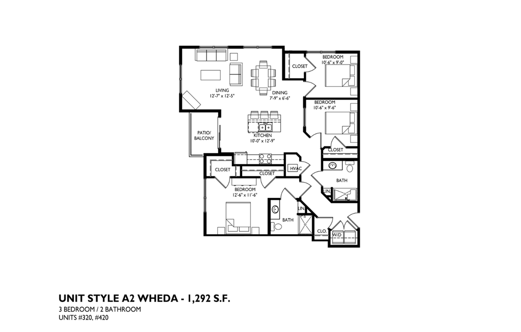 A drawing of a floor plan for a 3 bedroom 3 bathroom unit.