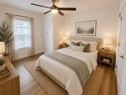 A bedroom with a large bed and a ceiling fan.