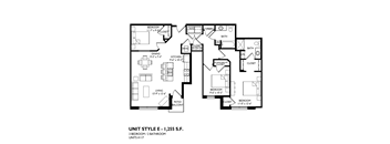 A black and white image of a floor plan for a 3 bedroom / 2 bathroom unit.
