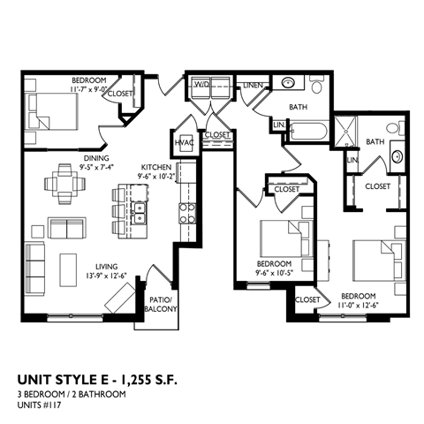 A black and white image of a floor plan for a 3 bedroom / 2 bathroom unit.