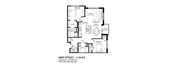 A black and white image of a floor plan for a 2 bedroom, 2 bathroom unit.