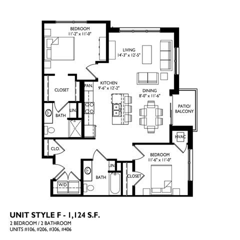 A black and white image of a floor plan for a unit style F - 1,124 square feet with two bedrooms and two bathrooms.