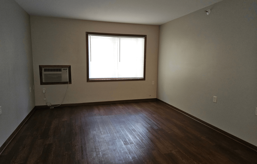 an empty room with a window and hardwood floors