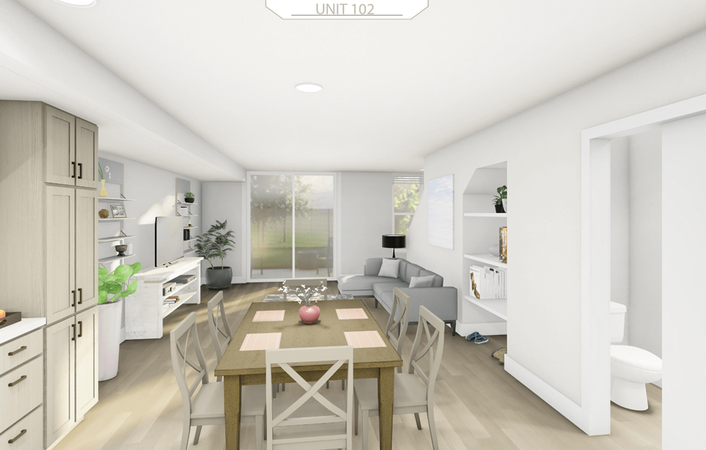 a rendering of a living room and dining room with a table and chairs