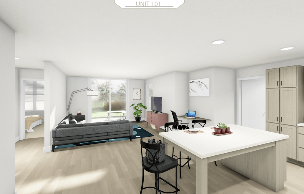 an open living room and dining room with a white table