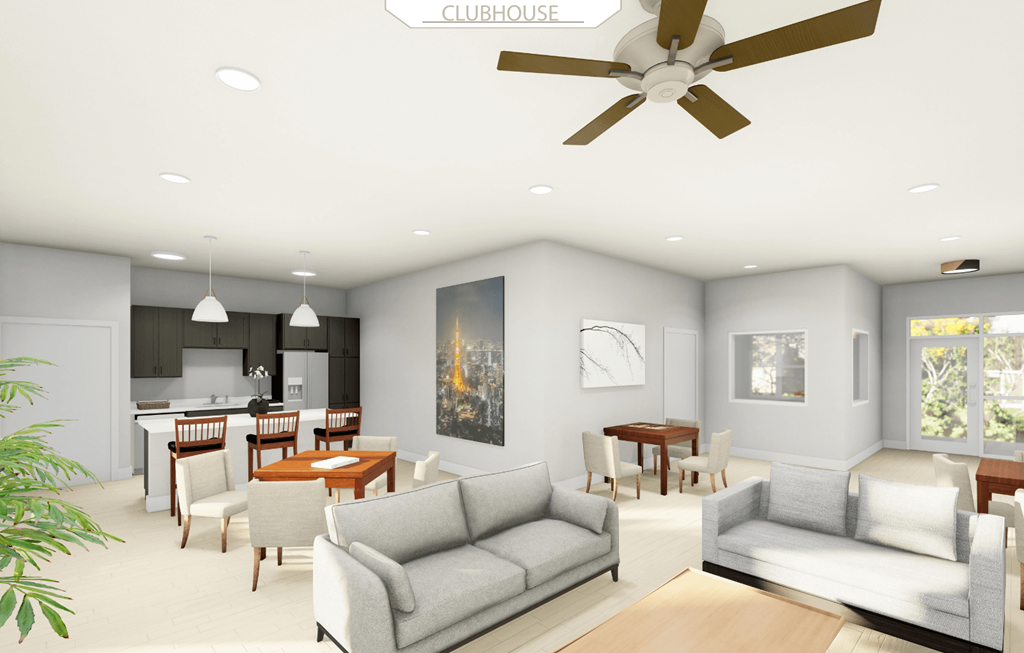 a rendering of a living room and dining room with couches and a table