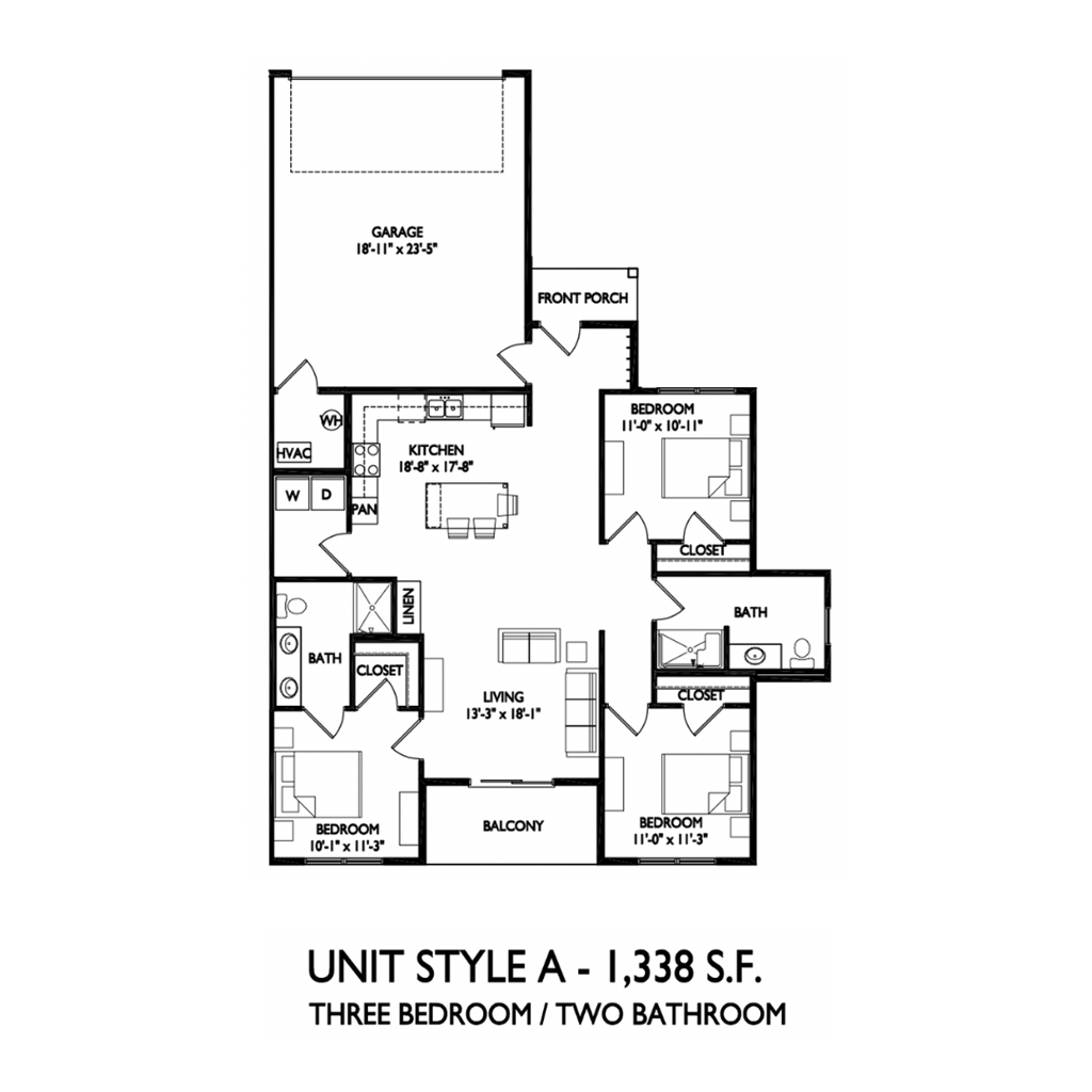 the unit style a floor plan  three bedroom two bathroom unit