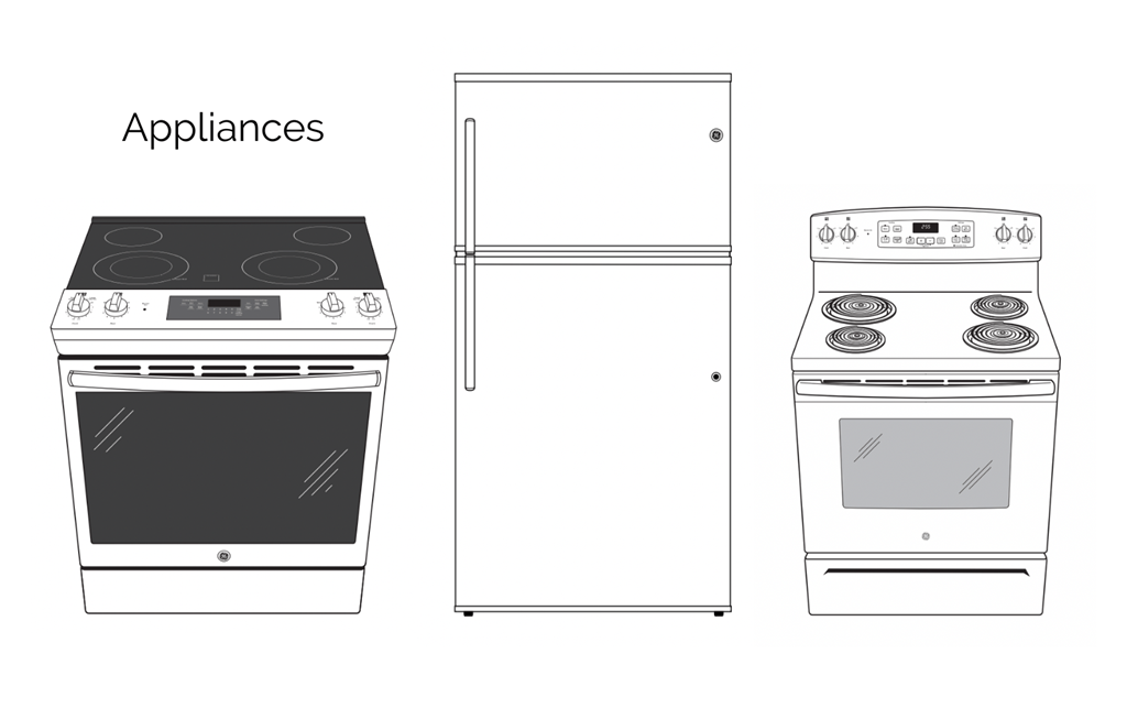 a drawing of a stove and a refrigerator