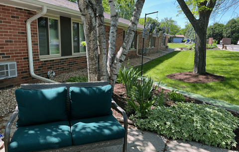 A green couch is in the foreground of a sunny backyard.