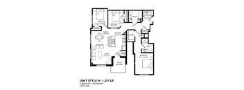 A black and white image of a floor plan for a 3 bedroom/2 bathroom unit.