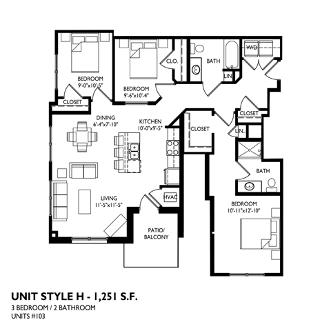 A black and white image of a floor plan for a 3 bedroom/2 bathroom unit.